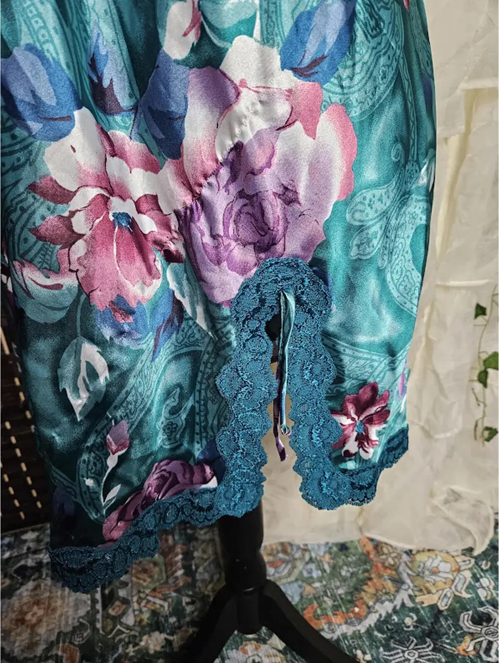 Vintage Satin Slip and Robe Set Teal Floral Lingerie Set - Picture 7 of 7